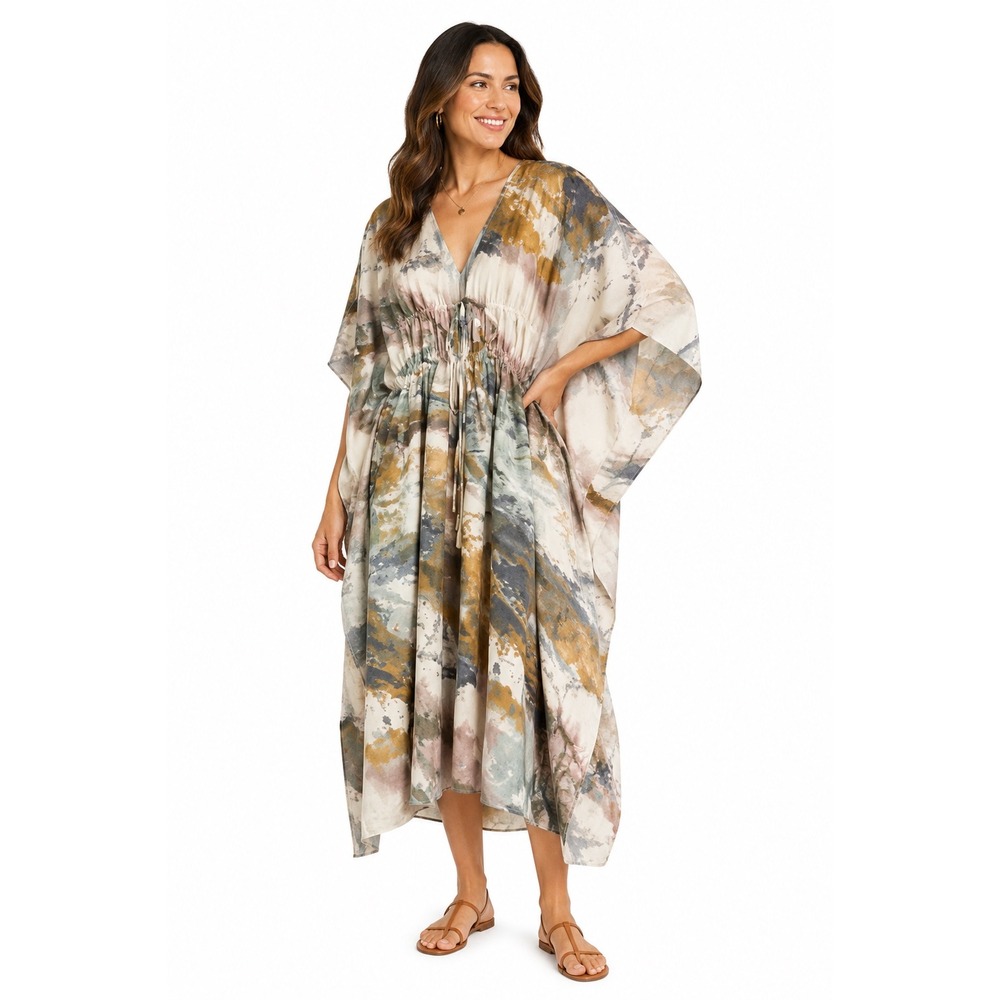 Miss Lavish London XL Abstract Print Kaftan Maxi Dress V-Neck Drawstring NWT